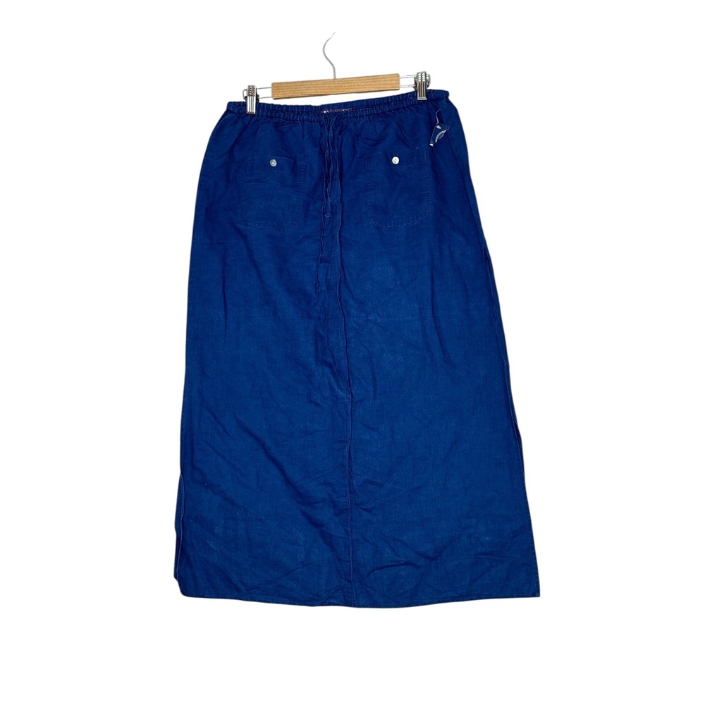 NEW Denim & Co Womens Linen Blend Maxi Skirt Large Drawstring Waist Slits Blue